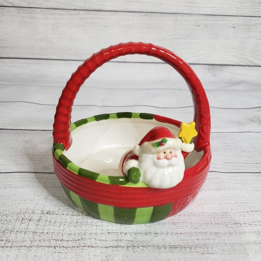 Vintage Fitz & Floyd Holiday Folk Ceramic Santa Basket With Handle Christmas